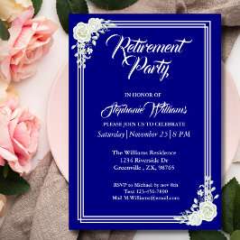 Pension Elegant Script Blue Vit ros Party Inbjudningar
