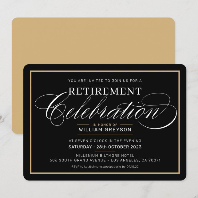 PENSION FIRANDE DINNER modern svart guld Inbjudningar (Fram/baksida)