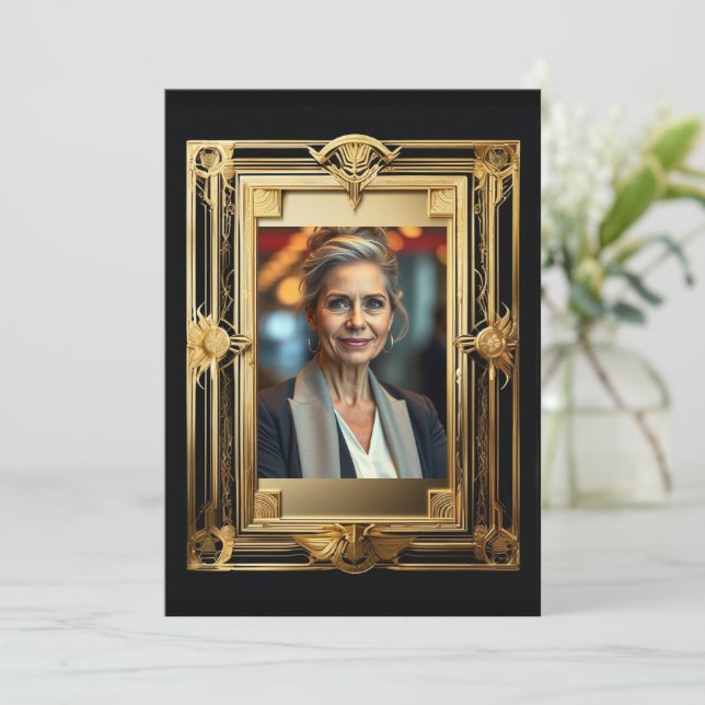 Pension fotosvart guld farewell retro party inbjudningar (Stående Fram)