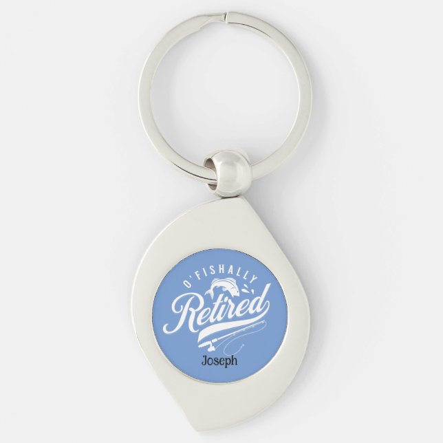 Pension-gåvor. Fiskare. Redigerbart namn Swirl Silverfärgad Nyckelring (Framsidan)