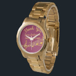 Pension guld musik noter burgundisk musiklärare armbandsur<br><div class="desc">Enkel och elegant pension-gåva till en kvinnlig musiklärare! En klassisk burgundisk färgad med faux guld musik noter. Mall för ett namn och texten: Tack,  guldbrev. Tack är ett modernt handskript i stil.</div>
