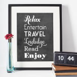 Pension inspiration Ord | Svart typografi Poster<br><div class="desc">Pension-presentväggskonsten poster utskriftsdesignfunktioner ord som stavar RETIRE i snyggtens vita text: "Slappna av,  Underhållning,  Resa,  Indulge,  Read,  Enjoy" med "Wishing you a very lycklig pension" text. Bakgrunden har ett texturerat svart kritutseende.</div>