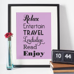 Pension inspiration Ord | Svart typografi Poster<br><div class="desc">Pension-presentväggskonsten poster utskriftsdesignfunktioner ord som stavar RETIRE i snyggtens svarta text: "Slappna av,  Underhållning,  Resa,  Indulge,  Read,  Enjoy" med "Wishing you a very lycklig pension" text. Använda funktionen "anpassa" för att ändra ljusets lila/violett bakgrund färg.</div>