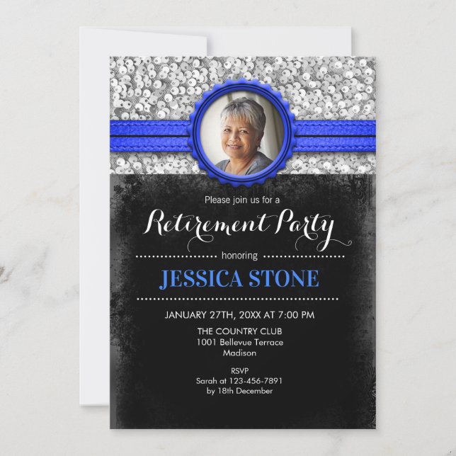 Pension med foto - Royal Blue Silver Inbjudningar (Framsida)