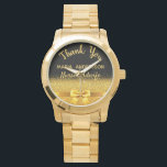 Pension Nurse Midfru Black guld tack Armbandsur<br><div class="desc">Elegant,  klassisk,  glamorös och feminin. En gåva till en pensionerad sjukhustru. En faux guld färgad båge och band med gyllene glitter och gnistra,  lite slödder och lyx. Svart bakgrund. Med texten: Tack,  mallar för namn och yrke,  yrke.</div>