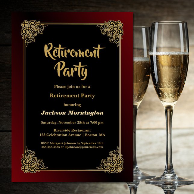 Pension Party Black Red med Guld Ram Inbjudningar (Skapare uppladdad)