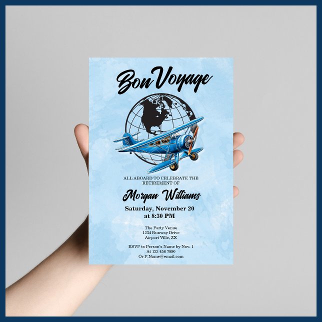 Pension Party Bon Voyage Travel Globe Flygplan Inbjudningar (Skapare uppladdad)