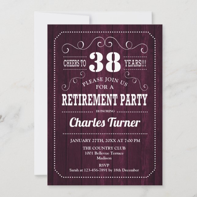 Pension Party - Burgundy Wood Mönster Inbjudningar (Framsida)