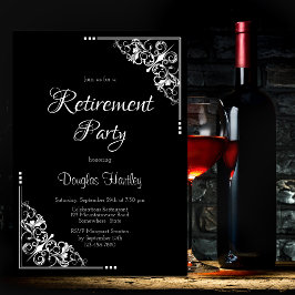 Pension Party Elegant Black med vit text Inbjudningar