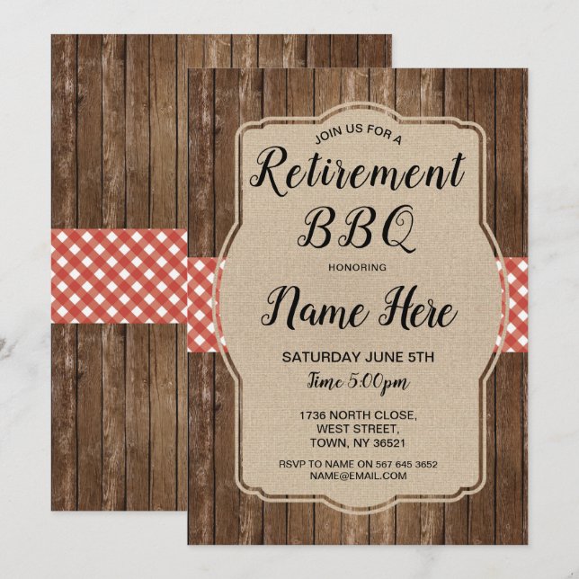 Pension Party Inbjudan Gingham BBQ Burlap Red (Fram/baksida)