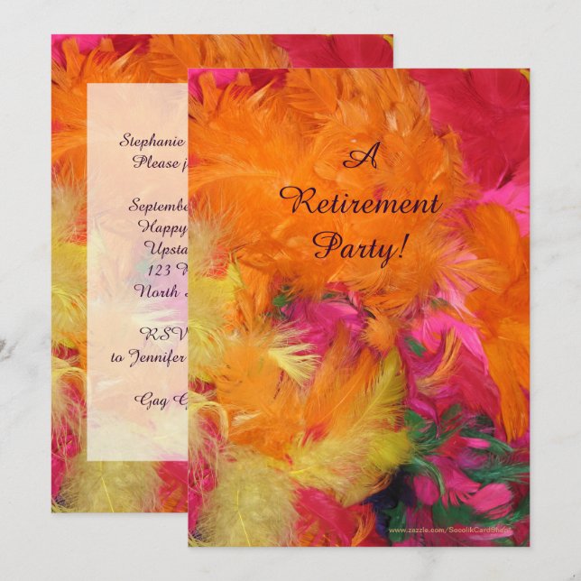 Pension Party Inbjudan, Orange, Rosa Fjädrar Inbjudningar (Fram/baksida)
