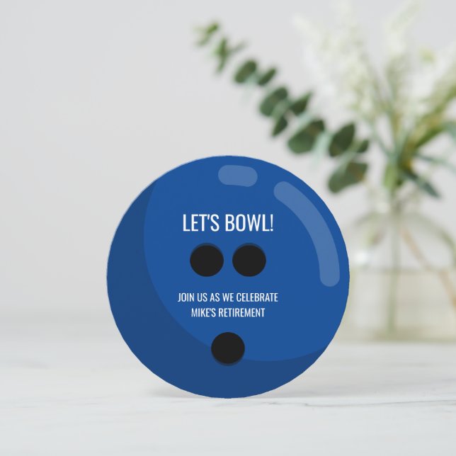 Pension Party "Låt oss skål!" Blue Bowling Ball Inbjudningar (Stående Fram)