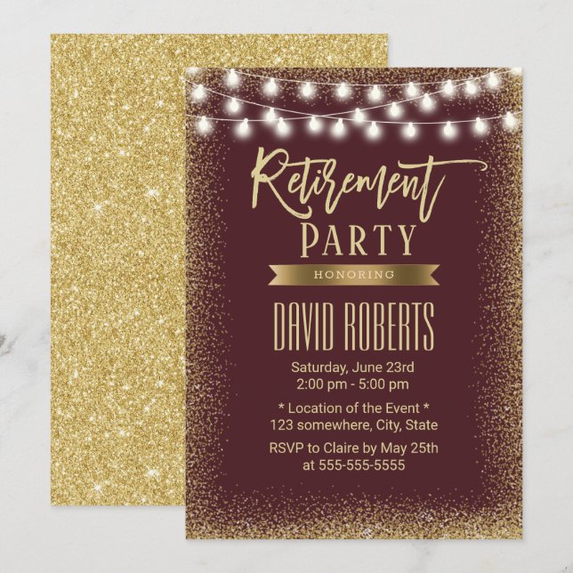 Pension Party Modern Burgundy Red Guld Glitter Inbjudningar (Fram/baksida)