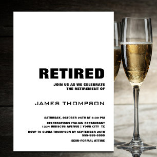 Pension Party Modern Simple Black and White Inbjudningar