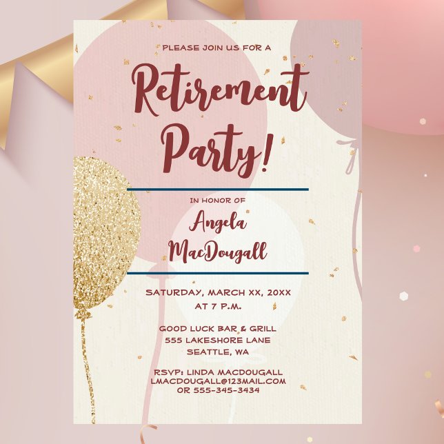 Pension Party Rosa och Guld Inbjudningar (Retirement Party, Pink & Gold Balloons Invitation)