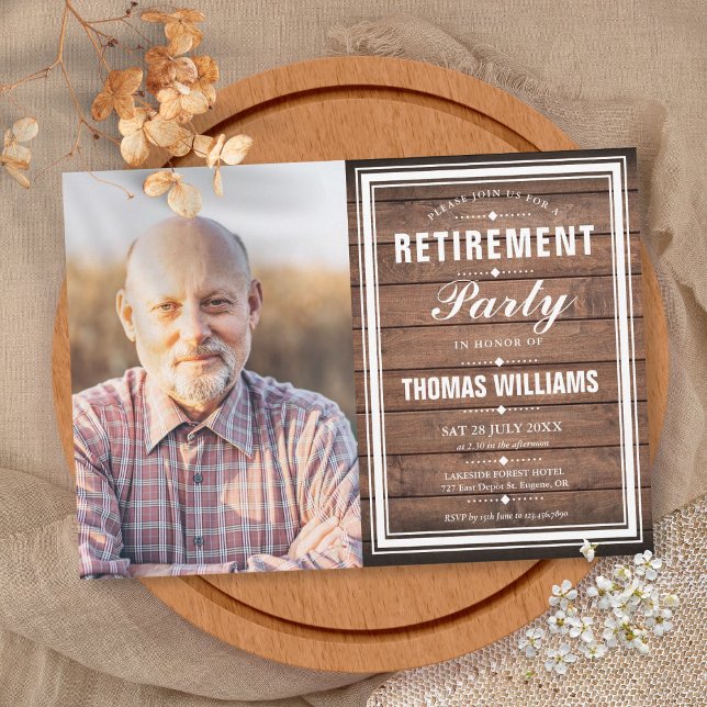 Pension Party Rustic Barn Wood Photo Inbjudningar (Retirement Party Rustic Barn Wood Photo Invitation)