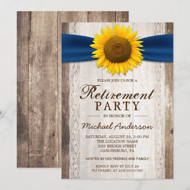 Pension Party Rustic Barn Wood Solros Ribbon Inbjudningar (Fram/baksida)