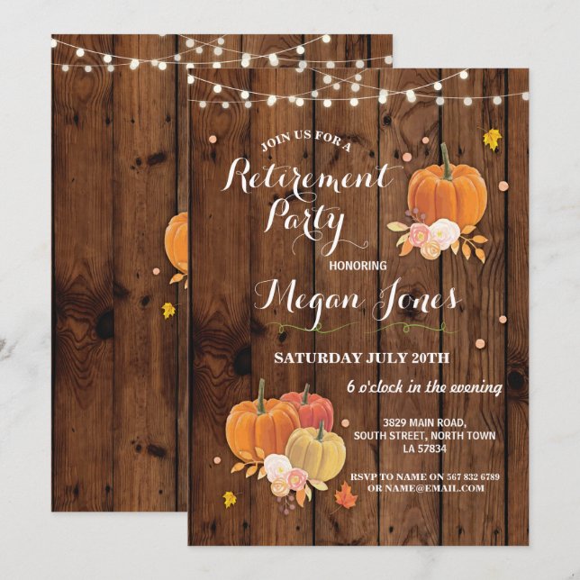 Pension Party Rustic Wood Pumpkin Inbjudan Ljus (Fram/baksida)