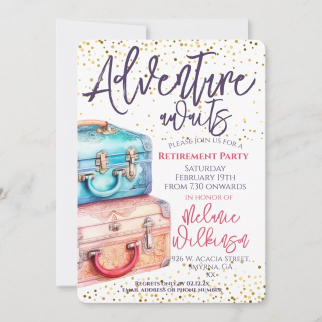 Pension Party Suitcase Äventyr Awaits Inbjudningar (Framsida)