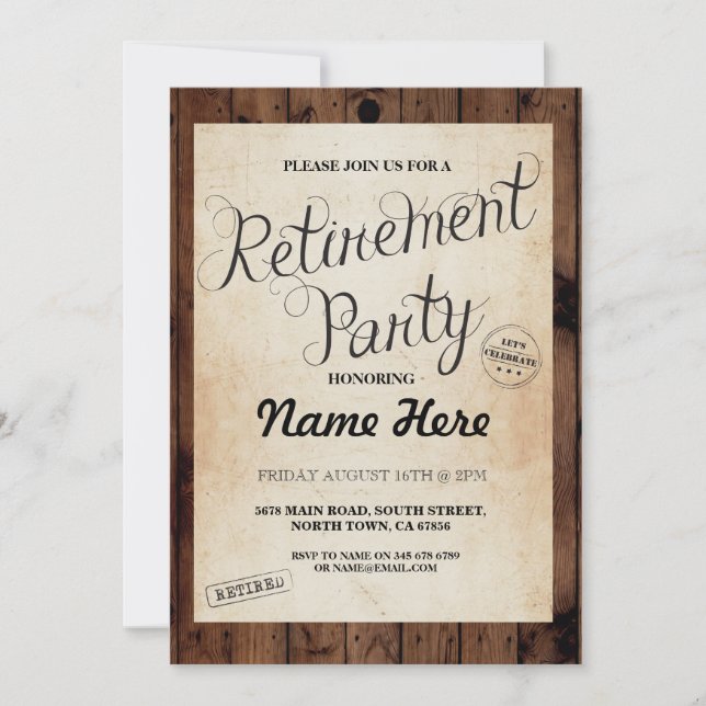 Pension Party Wood Rustic Retire Vintage Inbjudan (Framsida)