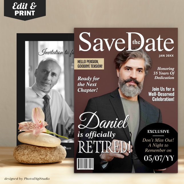 Pension Spara datummodern magasin Inbjudan (Retirement Save the Date Modern Magazine Retirement Invite)