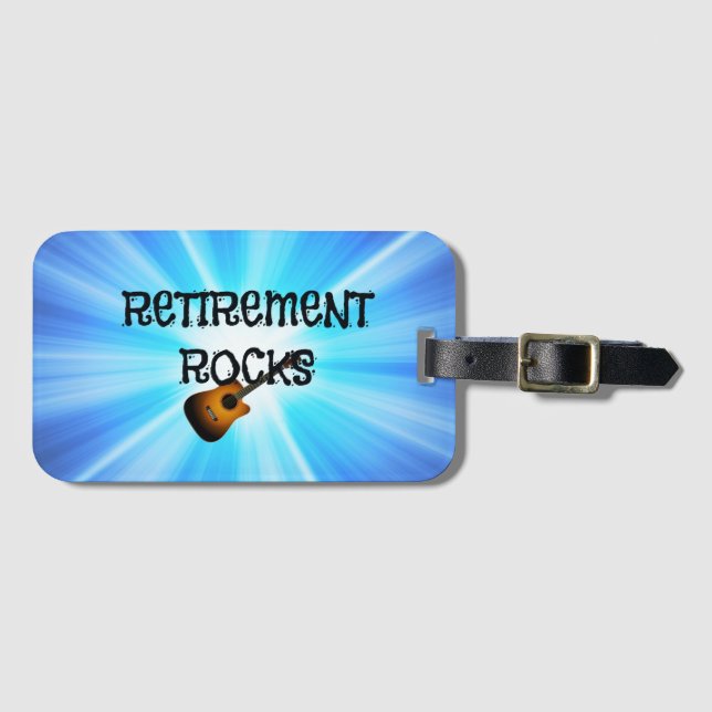 Pension Sten, gitarrer på blå solsprängningsdesign Bagagebricka (Framsida horisontal)