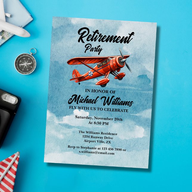 Pension Travel Themed Party Red Flygplan Vintage Inbjudningar (Skapare uppladdad)