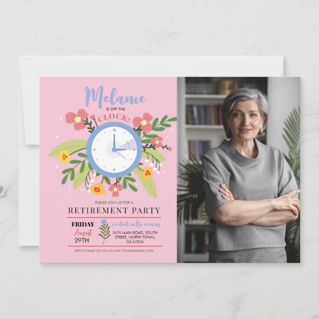 Pensionär Utanför Klockan Dam Floral Rolig Foto Inbjudningar (Framsida)