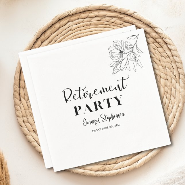 Pensionärsfest Elegant Svart Och Vit Blommig Pappersservett (Elegant Black And White Floral Retirement Party Napkins)