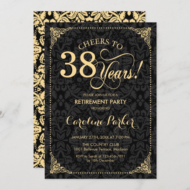 Pensionärsfest - Guld Svart Damaskus Inbjudningar (Fram/baksida)