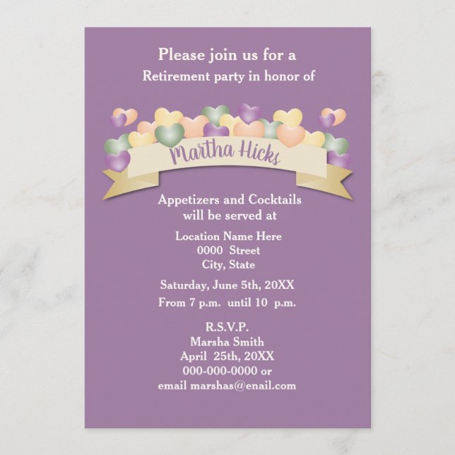 Pensionärsfest inbjudan / Lila Hjärtan (Framsida)