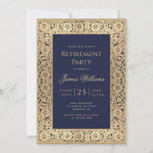 Pensionärsfest Marinblå Guld Elegant Vintage Inbjudningar