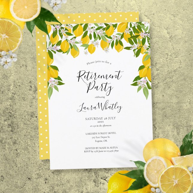 Pensionärsfest med citroner och grönska inbjudningar (Lemons Blossom Greenery Floral Retirement Party Invitation)