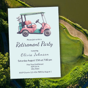 Pensionärsfest Rosa Golfvagn Vattenfärg Inbjudningar