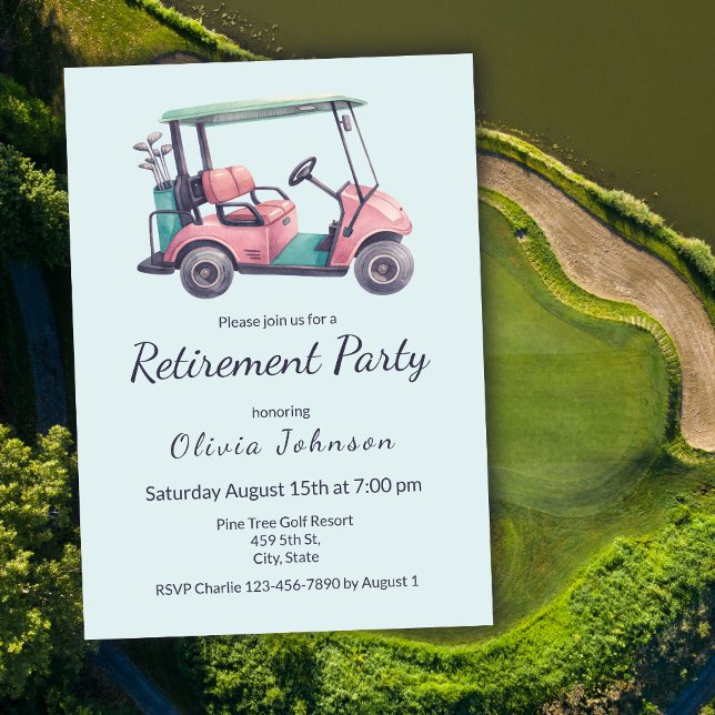 Pensionärsfest Rosa Golfvagn Vattenfärg  Inbjudningar (Skapare uppladdad)
