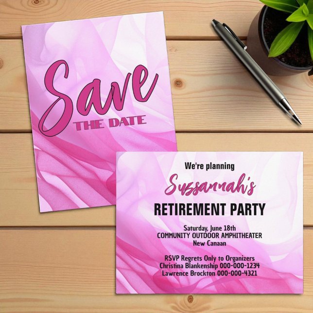 Pensionärsfest Spara Datum Rosa Abstrakt Meddelande Vykort (template invitation back template text)