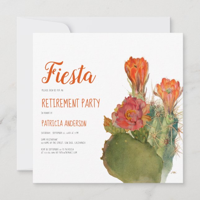 Pensionärsfirande Kaktus Blommig Akvarellskrift Inbjudningar (Framsida)