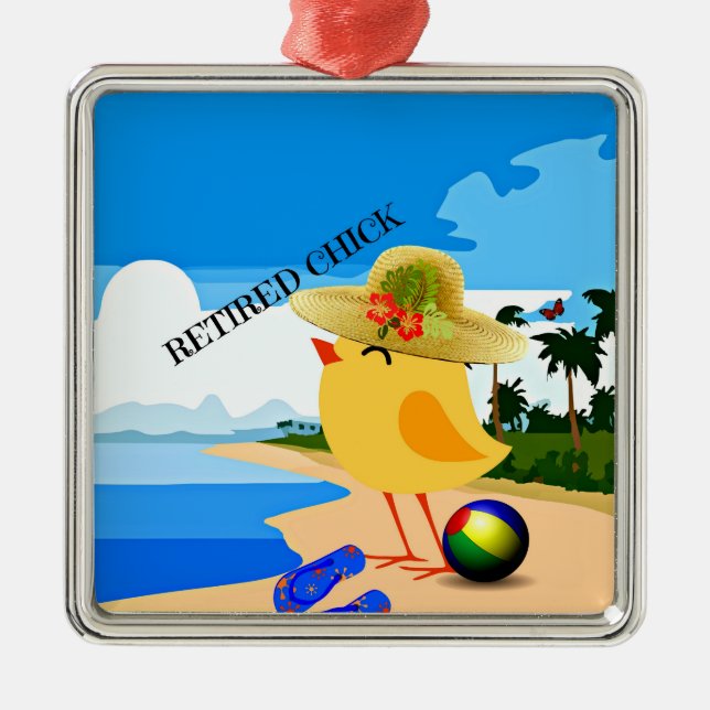 Pensionerad Chick vid Beach Ceramic Ornament (Framsidan)