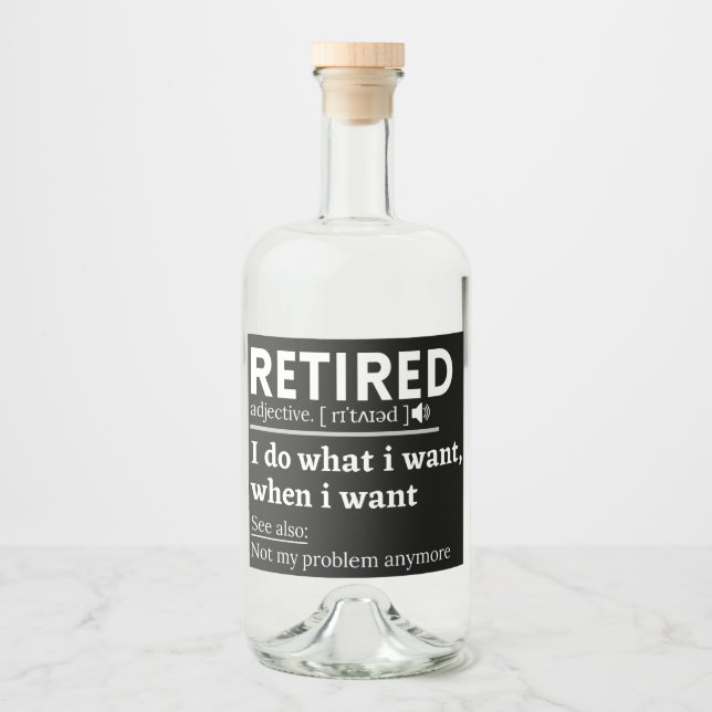 pensionerad definition, roligt pension, pensionera spritflaskor etikett (Framsida)