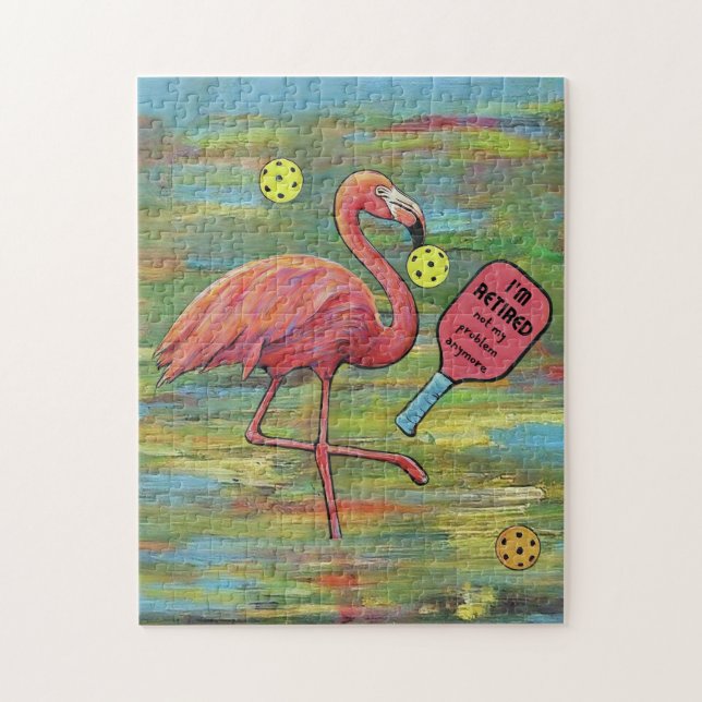 Pensionerad Flamingo Pickleball Watercolor Pussel (Vertikal)