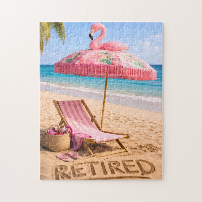 Pensionerad Flamingo Tematisk Strandstol & Parasol Pussel (Vertikal)