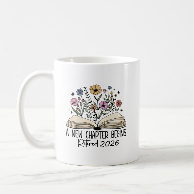 Pensionerad Ny Kapitel Bok Blommig Design Kaffemugg (Vänster)