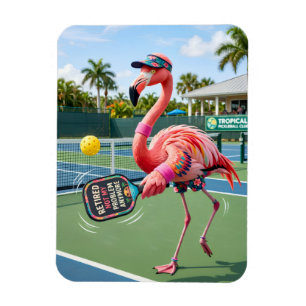 Pensionerad Rosa Flamingo på Tropisk Pickleballklu Magnet