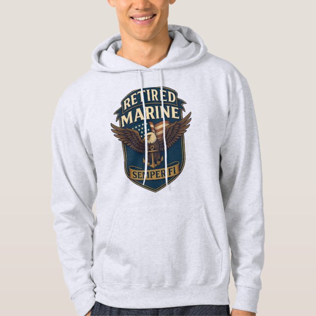 Pensionerad Semper Fi-marins över örn- och flaggho Hoodie (Framsida)