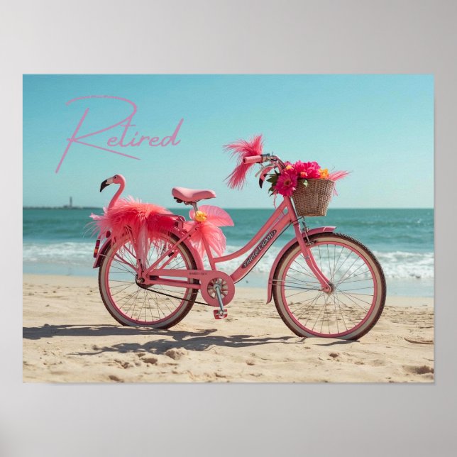 Pensionerad söt rosa flamingo cykel på stranden poster (Framsidan)
