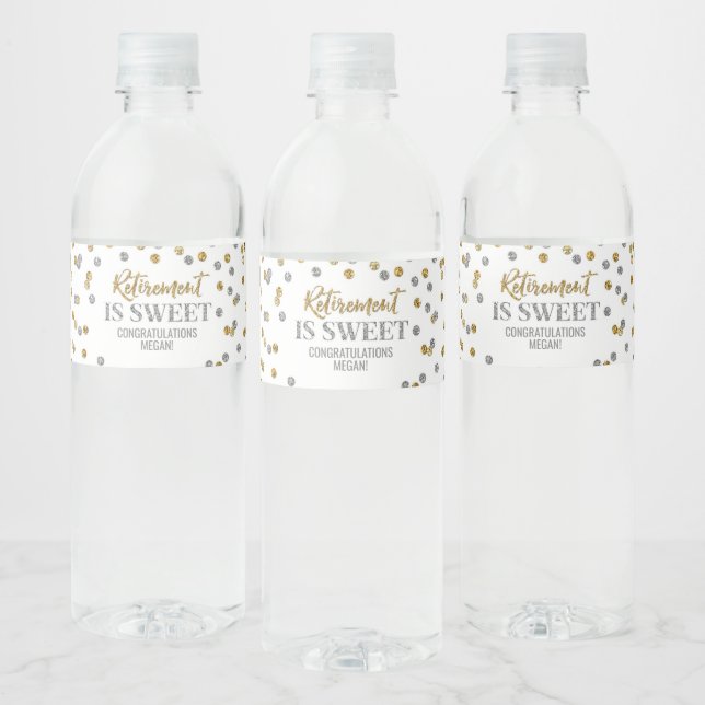 Pensionering är sött guld silverkonfetti vattenflaska etikett (Flaskor)
