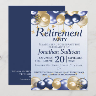 Pensionering Navy Gold Ballonger Party Inbjudningar