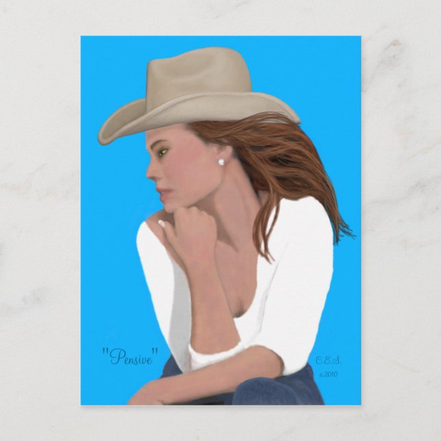 "Pensive" Cowgirl vycard Vykort (Framsida)