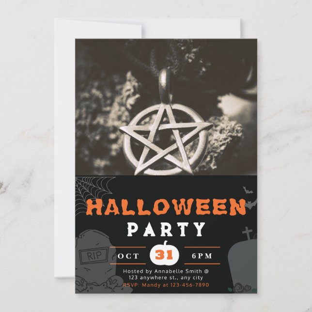 Pentagram Foto Svart Halloween Inbjudningar (Framsida)