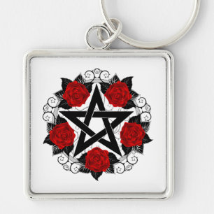 Pentagram med Röd ros Fyrkantig Silverfärgad Nyckelring